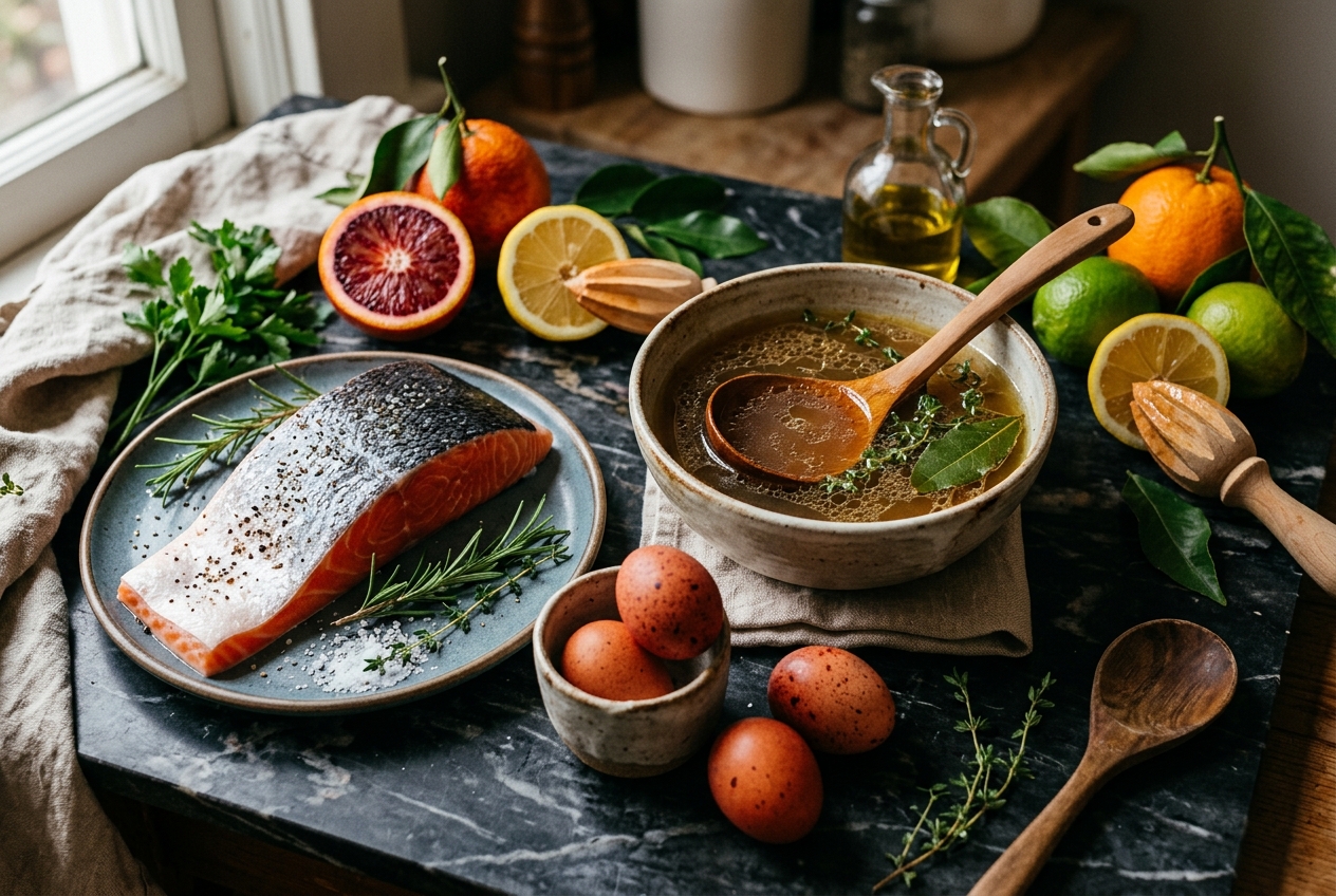 Přírodní zdroje kolagenu — ryby, kostní vývar, vejce a citrusové ovoce bohaté na vitamín C