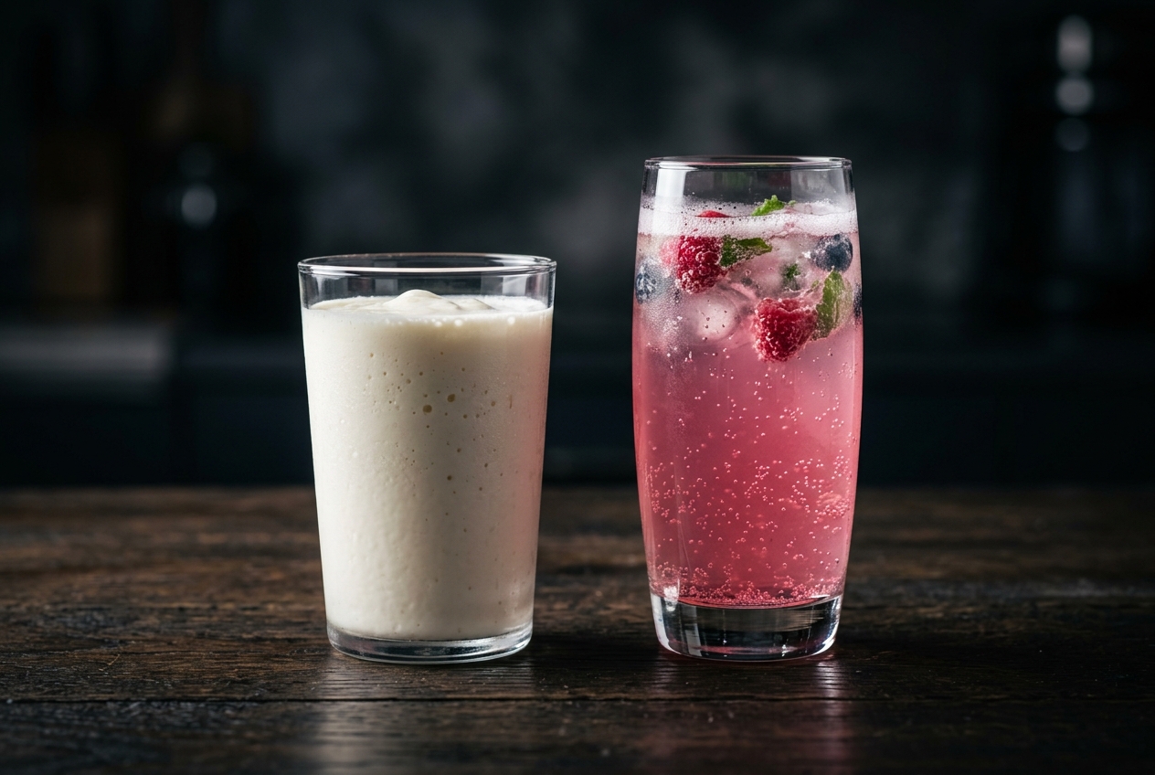 Srovnání: klasický mléčný koktejl vlevo vs. průhledný ovocný drink vpravo