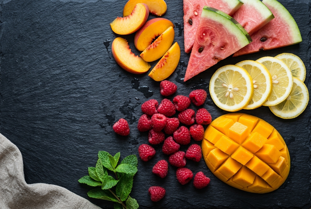 Letní ingredience pro výběr ovocné příchutě - meloun, broskev, citron, malina, mango